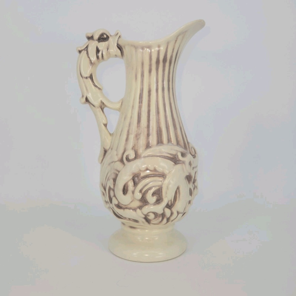 Vintage Red Wing Pottery 202 Ewer Vase Pitcher Ivory Floral Scroll Dragon 10 In‎